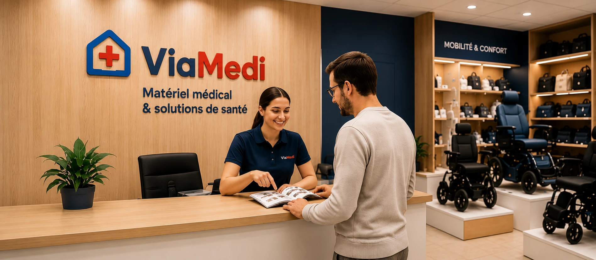 L’équipe Viamedi conseille un client dans le showroom